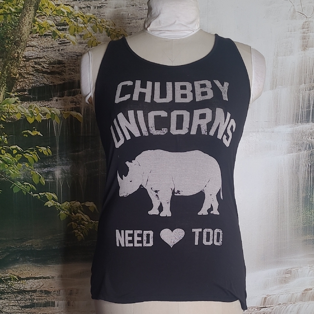 Bear Dance Womens Medium black racer tank top Chubby Unicorns Need Love Too